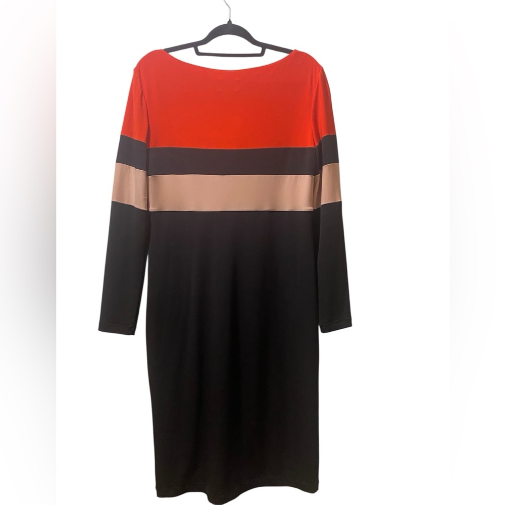 Donna Morgan Red, Tan, and Black Long Sleeve MIDI Dress
Size 14